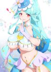  1girl aqua_hair blue_bow blue_bowtie blue_hair blue_hat blue_nails blue_ribbon blue_skirt blue_tube_top boater_hat bow bow_earrings bowtie breasts bridal_gauntlets brooch butterfly_hat_ornament closed_mouth commentary_request cure_eclair earrings fingernails groin hand_to_own_mouth hand_up hat hat_ornament hat_ribbon heart heart_brooch highres howa_kurea huge_breasts jewelry joy_ride long_hair looking_at_viewer magical_girl meitantei_precure! midriff nail_polish navel navel_piercing overskirt piercing precure purple_bridal_gauntlets red_eyes revealing_clothes ribbon skirt smile solo stomach strapless thick_thighs thighs tube_top underboob very_long_hair wide_hips 