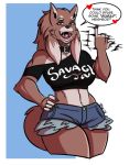  &lt;3 2018 5_fingers anthro black_nose blue_background breasts brown_fur canine clothed clothing collar denim_shorts dialogue english_text female fur grey_fur half-closed_eyes hand_on_hip hi_res kingpantheraonca_(artist) legs_together looking_at_viewer mammal mature_female midriff multicolored_fur open_mouth open_smile seductive sharp_teeth shirt shorts simple_background smile solo speech_bubble standing suggestive suggestive_gesture tank_top teeth text tongue two_tone_background two_tone_fur white_background wolf wolfmom_(castbound) 