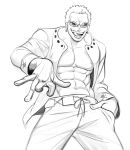  1boy abs absurdres blonde_hair commentary cowboy_shot donquixote_doflamingo earrings english_commentary hand_in_pocket highres incredibly_absurdres inkiedraws jewelry male_focus monochrome one_piece open_clothes open_mouth open_shirt short_hair sketch sunglasses toned toned_male tongue tongue_out white_background 