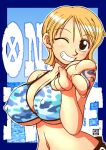  1girl bad_id bikini black_eyes blonde_hair blue_background blue_bikini blue_border border breasts camouflage camouflage_bikini close-up commentary covered_nipples fingering foreshortening grin huge_breasts looking_at_viewer nami_(one_piece) navel nin_nin! nipples one_eye_closed one_piece portrait reaching reaching_towards_viewer shoulder_tattoo smile swimsuit tattoo 