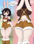 2026 anthro big_butt bottomwear brown_bottomwear brown_clothing brown_footwear brown_overalls brown_shirt brown_shorts brown_socks brown_topwear buckteeth bulge butt clothing crop_top dialogue english_text exposed_shoulder femboy fist footwear front_view fur heart_symbol hi_res knee_highs knee_socks lagomorph legwear leporid male mammal mr-shin open_mouth overalls pink_inner_ear rabbit raised_hand rear_view red_eyes shirt shortalls shorts smile socks solo speech_bubble teeth text tfmjonny thick_thighs topwear white_body white_fur wide_hips yellow_sclera