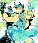  2boys absurdres arms_up battle_tendency belt black_gloves black_hair black_pants black_shirt blonde_hair bubble caesar_anthonio_zeppeli closed_mouth fake_head_wings fingerless_gloves gloves gogeyama green_scarf hamon_(jojo) headband highres holding jojo_no_kimyou_na_bouken joseph_joestar joseph_joestar_(young) limited_palette looking_to_the_side male_focus multiple_boys orange_scarf pants parted_hair parted_lips scarf shirt short_hair shoulder_spikes sideways_glance sleeveless sleeveless_shirt smile spikes striped_clothes striped_scarf very_short_hair white_pants white_shirt 