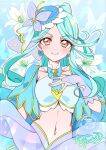  1girl absurdres aqua_capelet blue_hair blue_hat blue_tube_top boater_hat bridal_gauntlets brooch butterfly_hat_ornament capelet closed_mouth commentary cure_eclair flower frilled_tube_top frills hat hat_ornament heart heart_brooch highres howa_kurea impossible_hair jewelry lily_(flower) long_hair magical_girl meitantei_precure! mitsuki_tayura navel orange_eyes ponytail precure purple_bridal_gauntlets smile solo strapless tube_top very_long_hair 