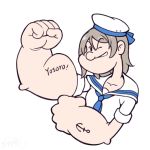  anchor_tattoo arm_up bangs blue_neckwear brown_hair clenched_hands collarbone commentary english_commentary eyebrows_visible_through_hair grin hair_between_eyes hat langbazi long_hair looking_at_viewer love_live! love_live!_sunshine!! muscle muscular_female neckerchief one_eye_closed parody popeye popeye_the_sailor sailor_collar sailor_hat saitou_shuka seiyuu_connection shirt short_sleeves simple_background smile solo style_parody tattoo watanabe_you white_background white_hat white_sailor_collar white_shirt 