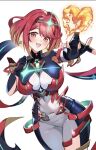  1girl black_gloves bodysuit breasts chest_jewel commentary_request covered_navel fingerless_gloves fire gloves headpiece highres large_breasts looking_at_viewer official_alternate_costume official_alternate_hair_color pyra_(switch_2)_(xenoblade) pyrokinesis red_hair short_hair simple_background smile solo white_background xenoblade_chronicles_(series) xenoblade_chronicles_2 yagi_(kyuhyun) 