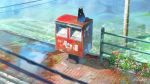  black_cat blurry_foreground cat hachiya_shohei highres original outdoors plant postbox_(outgoing_mail) potted_plant power_lines puddle scenery signature stairs water 