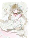  1girl apron basket blonde_hair blue_bow blush bow braid detached_sleeves dog dress flower headscarf highres holding holding_flower lily_of_the_valley long_hair memuro original parted_lips pink_dress solo tareme twin_braids watermark white_apron white_bow white_flower white_headscarf wide_sleeves 