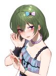  1girl absurdres blue_bow blue_dress blush bow collar commentary_request dress green_hair hair_bow heart_collar highres idolmaster idolmaster_million_live! idolmaster_million_live!_theater_days looking_at_viewer medium_hair nagayoshi_subaru official_alternate_costume pink_bow pink_collar pink_eyes plaid_clothes plaid_dress qute_x_qualm_(idolmaster) simple_background sleeveless sleeveless_dress smile solo string string_around_finger string_of_fate tutimaru0730 two-tone_bow upper_body variant_set white_background 