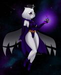 2025 angel angel_humanoid armwear artist_name back_wings bare_legs breasts cape clothing cosmic_background cosplay costume crossover crossover_cosplay dc_comics elbow_gloves eyeshadow feathered_wings feathers female fingerless_gloves footwear gloves hair halo handwear hazbin_hotel hellaverse hi_res humanoid jeny_312 legs_together leotard lute_(hazbin_hotel) magic makeup not_furry pupils purple_cape purple_clothing purple_eyeshadow purple_footwear purple_gloves purple_handwear purple_leotard purple_socks raven_(dc) short_hair slit_pupils socks solo space space_background star text twitter_handle white_body white_hair white_skin wide_hips winged_humanoid wings yellow_eyes