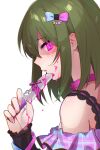  1girl absurdres blood blood_on_face blood_on_knife blue_bow bow collar colored_blood commentary_request fingernails from_side green_hair hair_bow hand_up highres holding holding_knife idolmaster idolmaster_million_live! idolmaster_million_live!_theater_days knife looking_at_viewer looking_to_the_side medium_hair nagayoshi_subaru official_alternate_costume pink_blood pink_bow pink_collar pink_eyes plaid_clothes profile qute_x_qualm_(idolmaster) sideways_glance simple_background solo tutimaru0730 two-tone_bow upper_body variant_set white_background yandere 