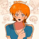  1girl 4boys blue_shirt blush breasts brown_eyes cleavage collarbone commentary_request grid_background hat highres looking_at_viewer medium_breasts mni9i0 monkey_d._luffy multiple_boys nami_(one_piece) one_piece open_mouth orange_hair roronoa_zoro sanji_(one_piece) shirt short_hair short_sleeves single_sidelock straight-on straw_hat straw_hat_pirates upper_body usopp v-neck 