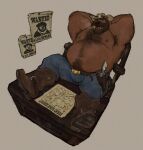 absurd_res anthro armpit_hair armpit_tuft arms_behind barazoku bear beard bedroom_eyes beer_belly belly belly_hair belly_tuft belt biceps big_belly big_muscles big_pecs blue_bottomwear blue_clothing blue_jeans blue_pants body_hair boots bottomwear box brown_armpit_hair brown_beard brown_belt brown_body brown_boots brown_chest_hair brown_clothing brown_facial_hair brown_footwear brown_fur brown_hair brown_hat brown_headwear brown_mustache brown_pubes brown_sideburns bulge chair chest_hair chest_tuft cigar cigar_in_mouth cigar_smoke clothed clothing container cowboy cowboy_boots cowboy_hat cowboy_outfit crate criminal denim denim_bottomwear denim_clothing english_text facial_hair flirting flirting_look flirting_with_viewer footwear fugitive fur furniture grey_background grin grinning_at_viewer gun gun_holster gun_on_thigh hair handgun hands_behind_head happy_trail hat headgear headwear hi_res inviting inviting_to_sex inviting_viewer jeans looking_at_viewer male mammal manly marius_tygo mature_anthro mature_male musclegut muscular muscular_anthro muscular_arms muscular_male muscular_thighs mustache narrowed_eyes nipples object_in_mouth offering_sex offering_to_viewer old_west on_chair outlaw overweight overweight_anthro overweight_male pants pecs pistol pistol_holster pose presenting presenting_armpit presenting_belly presenting_bulge presenting_pecs pubes ranged_weapon scruffy_(scruffybeast) seducing_viewer seductive sheriff sheriff_badge sheriff_hat shoes sideburns simple_background sitting sitting_on_chair smile smiling_at_viewer smirk smirking_at_viewer smirking_dom smoke smoking smoking_cigar solo text thick_arms thick_thighs topless topless_anthro topless_male tough_guy tuft ursine wanted_poster weapon weapon_holster weapon_on_hip wild_west