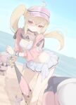  1girl absurdres ahoge baseball_bat beach bikini bikini_skirt black_choker blonde_hair blue_sky bracelet choker clear_sky commentary diving_mask diving_mask_around_neck feet_out_of_frame gman_(gsdeman) goggles hair_ornament hair_scrunchie highres holding holding_baseball_bat horizon jacket jewelry leaning_forward long_hair luciana_de_montefio luciana_de_montefio_(princess_on_holiday) lucy's_crew_(zenless_zone_zero) metal_baseball_bat navel ocean official_alternate_costume outdoors pig pink_jacket pink_visor_cap sand scrunchie side_ponytail skirt sky swimsuit visor_cap water white_bikini white_skirt zenless_zone_zero 