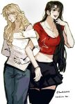  2girls alien_stage black_eyes black_hair black_skirt blue_pants breasts colored_eyelashes commentary crop_top english_commentary genderswap genderswap_(mtf) hair_over_shoulder highres ivan_(alien_stage) jewelry locked_arms long_hair long_sleeves luka_(alien_stage) midriff multiple_girls necklace off-shoulder_shirt off_shoulder pants red_pupils red_shirt shinwoo_(howmnl20499) shirt short_sleeves skirt twitter_username very_long_hair white_shirt yellow_eyes 