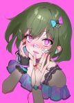  1girl @_@ absurdres bandage_on_cheek bandaid bandaid_on_face bandaid_on_finger bandaid_on_hand bandaid_on_nose blue_bow blush bow bracelet commentary_request cropped_torso green_hair hair_bow highres idolmaster idolmaster_million_live! idolmaster_million_live!_theater_days jewelry looking_at_viewer nagayoshi_subaru official_alternate_costume pink_background pink_bow pink_eyes plaid_clothes qute_x_qualm_(idolmaster) short_hair simple_background solo string string_around_finger string_of_fate sweat tutimaru0730 two-tone_bow yandere yandere_trance 