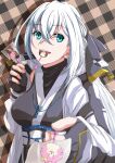  1girl absurdres aqua_eyes black_gloves breasts candy commentary_request crossed_bangs double-parted_bangs eiyuu_densetsu fingerless_gloves food food_in_mouth gloves hair_between_eyes half_updo highres holding holding_candy holding_food holding_lollipop jacket konohanaillust kuro_no_kiseki_(series) kuro_no_kiseki_i lollipop lollipop_in_mouth long_hair long_sleeves looking_at_viewer medium_breasts mishy multicolored_jacket obi obijime offering_food open_clothes open_jacket plaid_background sash shizuna_rem_misurugi smile solo two-tone_jacket upper_body white_hair 