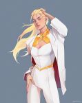  1girl adapted_costume blonde_hair blue_eyes breasts cleavage_cutout clothing_cutout commentary earrings grey_background hand_in_own_hair hand_on_own_hip highres jacket jewelry medium_breasts mismatched_eyebrows pant_suit pants patrikokoko pink_lips ponytail ring she-ra she-ra_and_the_princesses_of_power solo stud_earrings suit thick_eyebrows thumb_ring white_jacket white_suit 