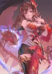  1girl asymmetrical_clothes bare_shoulders black_thighhighs braid braided_ponytail breasts brown_hair cleavage clothing_cutout cutout_above_navel dragon_claw dragon_girl dragon_horns galmieux_(shadowverse) hair_between_eyes hair_intakes highres horns large_breasts long_hair looking_at_viewer navel_cutout open_mouth red_eyes red_scales shadowverse shadowverse:_worlds_beyond smile solo standing thighhighs uni_pomupomu 