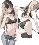  1girl :| absurdres alt_text ass black_bra black_hair black_nails black_panties black_thighhighs blonde_hair blue_pants blush bow bow_bra bra breasts cigarette closed_mouth clothes_pull commentary cropped_legs cue_stick denim english_commentary fingernails grey_eyes highres holding holding_cue_stick hololive hololive_dev_is jeans juufuutei_raden lace lace_bra lace_panties lighting_cigarette lingerie long_hair medium_breasts mouth_hold multi-strapped_panties multicolored_hair multiple_views nail_polish navel panties pants pants_pull pulling_own_clothes scarlet_(wv0102) simple_background standing stomach straight_hair thighhighs two-tone_hair underwear underwear_only virtual_youtuber white_background 