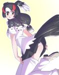  1girl bird_girl bird_tail bird_wings black_eyes black_hair blush commentary_request feathered_wings head_wings highres kemono_friends long_hair looking_at_viewer lowlandgorilla multicolored_hair panties rock_ptarmigan_(kemono_friends) shirt shoes simple_background skirt solo tail thighhighs underwear wings yellow_background 