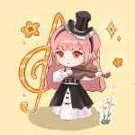  1girl black_bow black_dress black_hairband black_hat blunt_bangs bow bow_(music) buttons chibi chinese_commentary closed_mouth commentary_request daisy_(flower) dress dress_bow flower frilled_headwear gown hairband happy hat highres holding holding_bow_(music) holding_instrument holding_violin infinity_nikki instrument layered_dress light_blush light_smile long_hair long_sleeves looking_ahead mini_hat mini_top_hat nikki_(nikki) nikki_(series) pink_eyes pink_hair playing_instrument puffy_long_sleeves puffy_sleeves shadow solo sparkle suliaoyinzi symphony_of_strings_(infinity_nikki) top_hat treble_clef very_long_hair violin wavy_hair white_dress white_flower yellow_background 