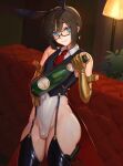  1boy androgynous animal_ears arm_cuffs armpit_peek bare_hips bare_shoulders black_garter_straps black_thighhighs blue_eyes blunt_bangs bottle bulge champagne_bottle collar combat_knife covered_navel crossdressing crossdressing_(mtf) elbow_gloves flaccid garter_straps glasses gloves gold_gloves highleg highleg_leotard highres holding holding_bottle knife lamp leotard light_smile looking_at_viewer male_focus male_playboy_bunny necktie original penis rabbit_ears red_necktie samsara_(shuukeura) short_hair small_penis small_testicles solo testicles thick_thighs thighhighs thighs trap weapon wide_hips 