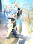  1other androgynous aristocratic_clothes bird blue_hair cloak commentary_request crown dove dress from_above from_side full_body gown highres long_eyelashes long_hair other_focus rimuru_tempest sekuji solo tensei_shitara_slime_datta_ken waving white_cloak yellow_eyes 