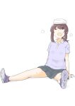  1girl akara_kai black_hair black_skirt blue_shoes brown_eyes commentary_request fubuki_(kancolle) fubuki_kai_san_(kancolle) grey_shirt highres kantai_collection long_hair low_ponytail polo_shirt ponytail saliva shirt shoes sidelocks simple_background sitting skirt solo towel towel_on_head white_background 