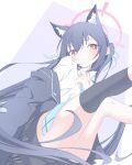  1girl animal_ear_fluff animal_ears bike_shorts black_hair black_jacket black_shorts black_skirt blue_archive blue_necktie blue_ribbon blush cat_ears cat_girl closed_mouth collared_shirt commentary dress_shirt extra_ears feet_out_of_frame floating_hair from_below furrowed_brow hair_ribbon halo highres jacket jacket_partially_removed knees_together_feet_apart light_frown long_hair looking_at_viewer miniskirt necktie onnji1121 open_clothes open_jacket pink_halo plaid_clothes plaid_skirt pleated_skirt purple_background red_eyes ribbon school_uniform serika_(blue_archive) shirt shorts shorts_under_skirt simple_background sitting skirt solo thighs twintails two-tone_background very_long_hair white_background white_shirt 