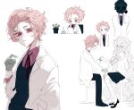  1girl 2boys age_difference bandage_on_knee bandaged_arm bandages bandaid bandaid_on_leg black_cardigan black_hair black_necktie black_pants black_ribbon black_shoes black_skirt cactus cardigan charlotte_wiltshire chibi chibi_inset closed_eyes coat collared_shirt disposable_gloves erlenmeyer_flask expressionless felix_honikker finger_to_own_chin flask gas_mask hair_between_eyes hair_slicked_back hand_up height_difference hello_charlotte henry_huxley highres holding holding_another's_wrist holding_paper lab_coat lapels lllli0_0illll long_hair mask messy_hair multiple_boys multiple_views neck_ribbon necktie nervous_smile nervous_sweating notched_lapels orange_hair pants paper pink_shirt pleated_skirt red_eyes removing_bandages ribbon shirt shoes simple_background sitting skirt smile socks sweat very_long_hair white_background white_coat white_hair white_shirt white_socks 