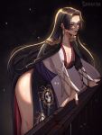  1girl black_hair blood blue_eyes boa_hancock boat breasts cleavage commentary earrings english_commentary epaulettes highres jewelry large_breasts long_hair looking_at_viewer no_panties one_piece saterise slave_brand snake_earrings solo watercraft 