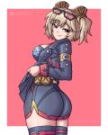 1girl absurdres ass black_jacket black_skirt black_thighhighs black_tube_top blonde_hair border breasts burnice_white closed_mouth clothes_lift crop_top eyewear_on_head highres jacket large_breasts looking_at_viewer nekisu_draw red-tinted_eyewear red_background red_eyes shorts shorts_under_skirt skirt skirt_lift smile solo spiked_jacket strapless sunglasses thighhighs tinted_eyewear tube_top twintails white_border zenless_zone_zero 
