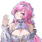  1girl bare_shoulders breasts bunnyoki cleavage commentary cosplay cyrene_(demiurge)_(honkai:_star_rail) cyrene_(honkai:_star_rail) detached_sleeves diamond-shaped_pupils diamond_(shape) dress highres honkai:_star_rail honkai_(series) large_breasts long_hair looking_at_viewer mihoyo multicolored_hair pink_hair pointy_ears purple_eyes remielle_dan remielle_dan_(cosplay) simple_background smile solo symbol-shaped_pupils twitter_username two-tone_hair white_background white_dress white_hair zenless_zone_zero 
