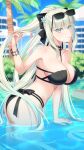  1girl absurdres ass bare_shoulders bikini black_bikini black_bow blue_eyes bow braid breasts cleavage commentary_request eyewear_on_head fate/grand_order fate_(series) grey_hair hair_bow highres huangyouxingren large_breasts long_hair looking_at_viewer morgan_le_fay_(fate) palm_tree ponytail pool sidelocks solo sunglasses swimsuit tree very_long_hair water 