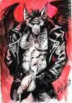 abs accessory anthro back_wings balls bat bleats bodily_fluids body_hair bottomwear chest_hair clothed clothing denim denim_bottomwear denim_clothing dripping erection fangs fingerless_gloves genital_fluids genitals gloves half-closed_eyes handwear headband hi_res humanoid_genitalia humanoid_penis jacket jeans leaf-nosed_bat leather leather_clothing leather_jacket leather_topwear male mammal membrane_(anatomy) membranous_wings microbat monochrome muscle_tone muscular muscular_anthro muscular_male narrowed_eyes open_bottomwear open_clothing open_pants pants pecs penis precum precum_drip precum_string solo teeth topwear vampire_bat wings yangochiropteran