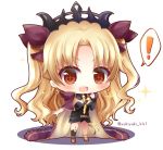  +_+ 1girl :d asymmetrical_legwear asymmetrical_sleeves bangs black_dress black_legwear blonde_hair blush breasts brown_ribbon cape chibi commentary_request dress earrings ereshkigal_(fate/grand_order) eyebrows_visible_through_hair fate/grand_order fate_(series) full_body hair_ribbon infinity jewelry kneehighs long_hair long_sleeves medium_breasts multicolored multicolored_cape multicolored_clothes open_mouth parted_bangs purple_cape red_eyes ribbon single_kneehigh single_sleeve skull smile solo sparkle spine spoken_exclamation_mark standing tiara twitter_username two_side_up upper_teeth v-shaped_eyebrows very_long_hair white_background yellow_cape yukiyuki_441 