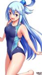  aqua_(konosuba) barefoot blue_eyes blue_hair blue_swimsuit breasts commentary_request competition_swimsuit covered_navel cowboy_shot hair_ornament hair_rings highres kono_subarashii_sekai_ni_shukufuku_wo! long_hair looking_at_viewer medium_breasts one-piece_swimsuit open_mouth simple_background solo swimsuit tsuchimiya white_background 