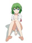  bare_legs barefoot between_legs blue_eyes bottomless cato_(monocatienus) collarbone commentary feet flat_chest full_body green_hair hand_between_legs knees_together_feet_apart long_sleeves looking_at_viewer medium_hair naked_shirt open_clothes open_shirt parted_lips shiki_eiki shirt simple_background sitting soles solo touhou white_background white_shirt 