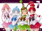  4girls :o amazons_quartet back_bow bishoujo_senshi_sailor_moon bishoujo_senshi_sailor_moon_stars black_bow black_bowtie blue_bow blue_bowtie blue_hair blue_sailor_collar blue_skirt bow bowtie brooch brown_bow brown_bowtie cerecere_(sailor_moon) choker circlet collarbone commentary_request crossed_arms earrings elbow_gloves forehead gem gloves green_hair green_sailor_collar green_skirt hair_bun hair_ornament hair_rings hand_on_own_hip impossible_hair jewelry junjun_(sailor_moon) magical_girl miniskirt multiple_girls own_hands_clasped own_hands_together pallapalla_(sailor_moon) parted_bangs pearl pearl_earrings pink_bow pink_hair pink_sailor_collar pink_skirt pleated_skirt puffy_short_sleeves puffy_sleeves purple_bow purple_bowtie red_hair red_sailor_collar red_skirt sailor_ceres sailor_collar sailor_juno sailor_pallas sailor_senshi_uniform sailor_vesta sarashina_kau shirt short_sleeves signature single_hair_bun skirt smile sphere_earrings sphere_hair_ornament stud_earrings tan vesves_(sailor_moon) white_gloves white_shirt 