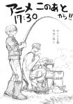  2boys absurdres arm_at_side bag boku_no_hero_academia boots camping character_name clothing_request collared_shirt commentary_request cooking covered_mouth crosshatching extra_arms extra_hands fishing fishing_line fishing_net fishing_rod food from_side full_body gloves graphite_(medium) grass greyscale grill grilling hand_net hands_up hatching_(texture) highres holding holding_fishing_rod holding_food holding_tongs horikoshi_kouhei knee_boots linear_hatching long_bangs looking_ahead looking_at_viewer looking_to_the_side male_focus mask meat monochrome motion_lines mouth_mask multicolored_hair multiple_boys no_pupils object_request official_artist_extra on_stool outdoors pants pants_tucked_in plastic_bag plate pocket profile shirt shoji_mezo short_hair sideways_mouth single_glove sitting sleeves_rolled_up smoke split-color_hair standing stool table tank_top three-quarter_sleeves timestamp todoroki_shoto tongs traditional_media translation_request turning_head two-tone_hair utility_vest vest white_background 