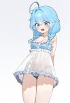  1girl absurdres ahoge arahashi_tabi arms_at_sides babydoll bare_arms blue_babydoll blue_eyes blue_hair blue_panties blush braid braided_twintails breasts cleavage commentary_request cowboy_shot double-parted_bangs embarrassed frilled_babydoll hair_intakes highleg highleg_panties highres korean_commentary large_breasts long_hair navel no_pants open_mouth panties sangobob see-through_babydoll see-through_clothes simple_background small_sweatdrop solo standing stellive stomach string_panties striped_clothes striped_panties two-tone_babydoll underwear v-shaped_eyebrows virtual_youtuber white_babydoll white_background 