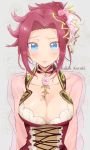  alternate_costume alternate_hairstyle blue_eyes blush breasts cleavage code_geass embarrassed floral_background flower formal hair_ornament hair_up highres jewelry kallen_stadtfeld large_breasts necklace pink_flower pink_rose red_flower red_hair red_rose rose see-through short_hair solo sumi_otto 