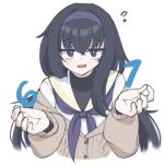  1girl 67_(meme) bags_under_eyes black_hair blue_archive blue_eyes blush breasts cardigan hair_between_eyes hairband jewelry long_hair long_sleeves looking_at_viewer meme open_mouth pose_imitation purple_hairband simple_background solo ui_(blue_archive) very_long_hair vyshtora white_background zoomer_slang 