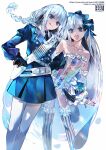  2girls :q absurdres artist_logo bare_shoulders belt black_bow black_gloves black_jacket black_skirt blue_eyes blue_necktie bow braid breasts buttons cleavage collarbone collared_shirt colored_inner_hair commentary detached_sleeves double-breasted dress dual_persona eeju fate/grand_order fate_(series) feet_out_of_frame francesca_prelati_(fate) gloves grey_eyes grey_hair grey_leotard grey_thighhighs gun hair_bow hands_on_own_hips highres holster holstered jacket leotard locked_arms logo long_hair long_sleeves looking_at_viewer medium_breasts multicolored_hair multiple_girls necktie open_mouth pantyhose parted_bangs ringed_eyes shirt skirt smile snowfield_police_uniform striped_clothes striped_leotard striped_thighhighs thighhighs thighs tongue tongue_out twin_braids twitter_username vertical-striped_clothes vertical-striped_leotard vertical-striped_thighhighs very_long_hair weapon web_address white_hair white_pantyhose white_shirt 