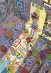  1girl absurdly_detailed_composition analog_clock animal_print arms_up artist_name bear_print bed bedroom bikini bird's_eye_view blueberry book bookshelf brown_hair bulletin_board cable candle cellphone chair clock clothes_hanger coffee_mug comb commentary_request credit_card cup curtains diary electric_fan flashlight flip_phone food from_above fruit glass_door goggles grapes green_shirt grey_shorts hand_fan handheld_game_console hat headphones highres indoors instrument lamp loaded_interior manga_(object) messy_room mp3_player mug no_shoes open_book open_door orange_sleeves original panda_print paper_fan parfait pen phone piano picture_frame pile_of_books pillow plant potted_plant print_shirt radio seashell shell shirt short_hair short_shorts short_sleeves shorts sliding_doors smartwatch socks solo spoon squeeze_bottle standing starfish straw_hat stretching stuffed_animal stuffed_cat stuffed_food stuffed_toy swim_goggles swimsuit t-shirt table tissue_box tomato unworn_bikini_top unworn_goggles unworn_hat unworn_headphones unworn_headwear unworn_shirt wallet wan_(rdnt5487) watch watermelon watermelon_slice white_shirt white_socks wide_shot wristwatch 