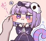  1girl 1other alice_(trickcal) angry bow cat_tail chibi commentary_request dress hair_ornament hairband highres leader_(trickcal) long_sleeves medium_hair pout purple_bow purple_dress purple_eyes purple_hair purple_hairband skull_hair_ornament squiggle suwa_yasai tail teardrop trickcal upper_body 