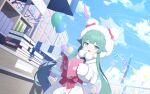  1girl animal_hood balloon bare_tree blue_archive blue_halo blue_sky blunt_bangs blurry blurry_background blush book book_stack bow building child_(isoliya) cloud coat day depth_of_field dutch_angle festival fur_trim game_asset gloves green_eyes green_hair hair_flaps halo highres holding holding_book hood hood_up long_hair long_sidelocks long_sleeves looking_at_viewer market_stall momiji_(blue_archive) non-web_source official_art open_book open_mouth outdoors pink_bow pink_ribbon ribbon ring_of_light_(blue_archive) self-datamine sidelocks sky smile solo string_of_flags tree upper_body very_long_hair very_long_sidelocks white_coat white_gloves white_hood 
