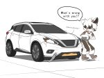 2024 ambiguous_gender anthro bodily_fluids brown_body brown_fur canid canine car confusion crying dialogue duo eibvdy feral fur hair hi_res kemono living_car living_machine living_vehicle machine male male_anthro mammal open_mouth simple_background speech_bubble talking_to_another tears vehicle wheel white_background white_hair