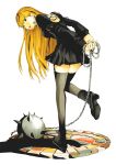  1girl arms_behind_back backless_shirt ball_and_chain_(weapon) black_boots black_eyes black_lips black_shirt black_skirt black_streaks black_thighhighs blonde_hair boots chain commentary earrings english_commentary from_behind full_body garter_straps high_heel_boots high_heels highres holding holding_ball_and_chain_(weapon) holding_chain jewelry leg_up lipstick long_hair looking_at_viewer looking_back makeup miniskirt multicolored_hair nifast_(greentail) obata_takeshi_(style) original parted_lips shadow shirt skirt skull_earrings smile solo spiked_ball_and_chain standing standing_on_one_leg streaked_hair thighhighs twitter_username weapon zettai_ryouiki 