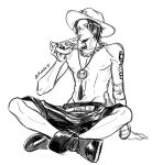 1boy bandaid bandaid_on_face bandaid_on_nose bead_necklace beads chinstrap commentary_request eating food freckles full_body greyscale hat highres holding holding_food holding_pizza indian_style jewelry male_focus mochiko_(zy) monochrome necklace nipples one_piece pectorals pizza pizza_slice portgas_d._ace shoes shorts shoulder_tattoo sitting solo tattoo topless_male twitter_username white_background 